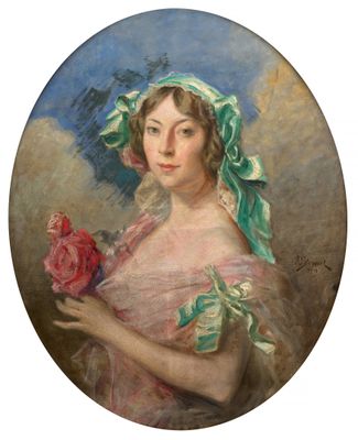 tableau représentant une femme tenant une rose dans la main droite