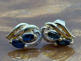 pair of blue and silver earrings sitting on top of a wooden table
