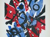 une image représentant une œuvre d'art peinte en rouge, bleu et noir