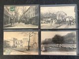 several old black and white photos of people and animals on a street