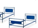 two metal beds with blue frames and gold legs on a white background