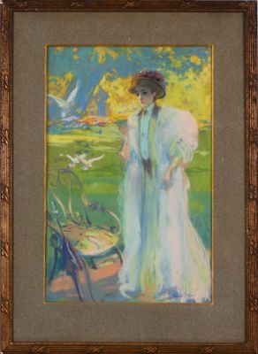 an oil painting of a woman in a white dress and hat
