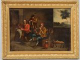 une peinture à l'huile représentant un groupe de personnes assises autour d'une table