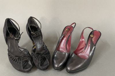 three pairs of women ' s shoes are lined up on a table