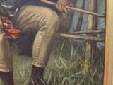 a painting of a man sitting on a bench in the grass