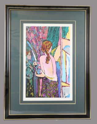 painting of a woman in a pink shirt holding a knife
