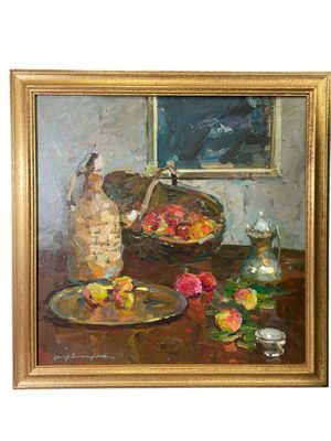 painting of a still life of fruit and a bottle of wine on a table