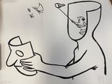 drawing of a man in a hood holding a can of soda