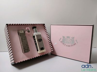 an image of a pink box with a bottle of perfume and a bottle of cologne