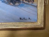 a picture of a painting of a train going down the tracks
