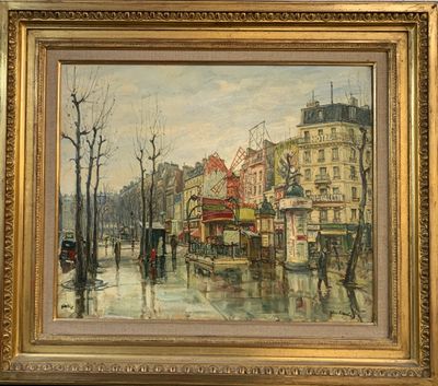 tableau représentant une scène de rue urbaine avec une calèche au premier plan