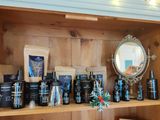 a wooden shelf with many different types of skin care products on it