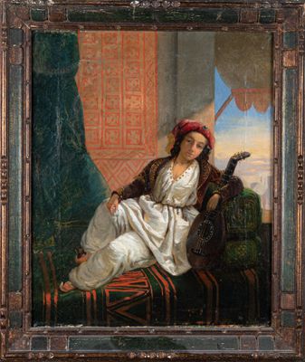 École XIXe. "Jeune oriental à la mandoline", huile sur toile… - Photo 1