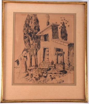 drawing of a house with a chimney and trees in front of it