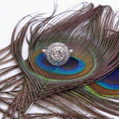 a peacock feather with a diamond ring on it