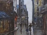 un tableau représentant une personne marchant dans la rue