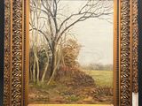an oil painting of a wooded landscape with trees and grass