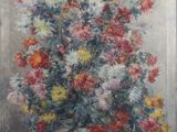 peinture représentant un vase de fleurs posé sur une table devant un mur