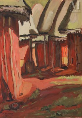 une image représentant une peinture d'une grange rouge au toit de chaume