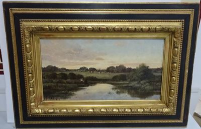 an oil painting of a landscape with a river in the foreground