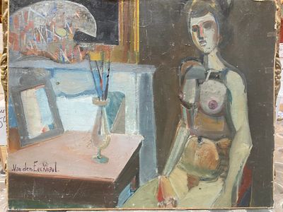 a painting of a woman sitting in front of a painting