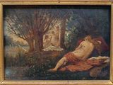 un tableau représentant une femme allongée sur une couverture dans l'herbe