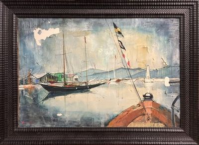 a painting of a boat in the water with a flag on it