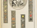 an old book with a drawing of a man sitting on a chair