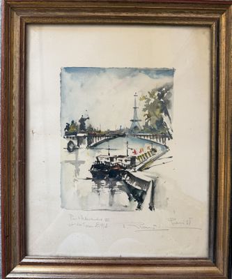 an image of a painting of boats on the water near a bridge