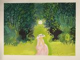 painting of a woman in a pink dress and hat walking through a lush green forest