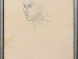 drawing of a woman ' s face in a silver frame