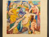 une image d'un tableau représentant un groupe de personnes assises sur un banc
