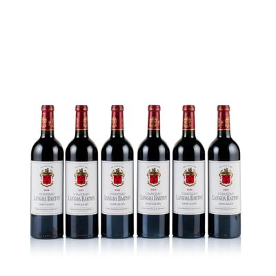 six bottles of red wine lined up in a row
