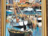 une peinture d'une peinture d'un bateau dans un port