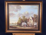 an oil painting of a farm scene on a easel with a blue background