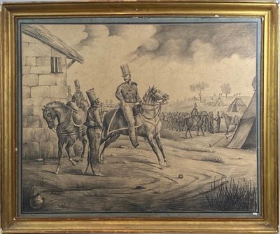 tableau représentant un homme à cheval devant un groupe d'hommes