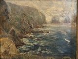 an oil painting of a rocky coast with waves coming in from the ocean