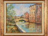 une peinture à l'huile représentant un pont enjambant une rivière, à côté d'un bâtiment