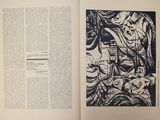 an open book with a black and white drawing of a man and a woman