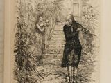 a drawing of a man holding an umbrella in a garden