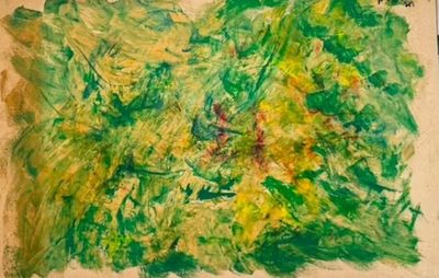 une peinture aux couleurs vertes et jaunes sur une feuille de papier