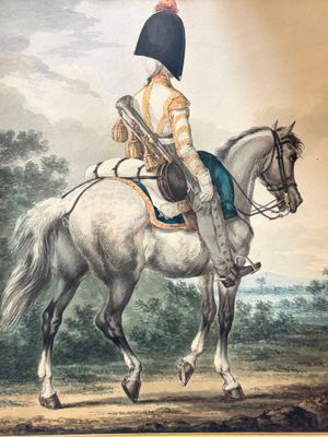 a painting of a man riding a horse in a field