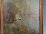 an oil painting of a landscape with trees and a river