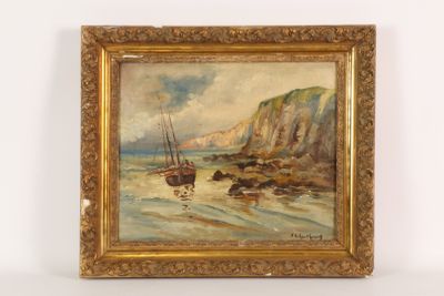 peinture représentant un bateau sur un plan d'eau, près d'une falaise