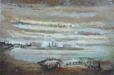une peinture représentant une peinture d'un bateau sur l'eau
