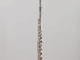 a silver flute sitting on top of a clear plastic stand