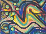 tableau représentant une composition abstraite colorée composée de vagues et de points