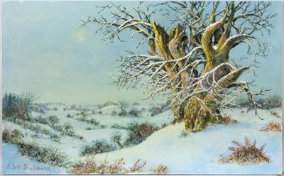 une image représentant un tableau d'un arbre dans la neige