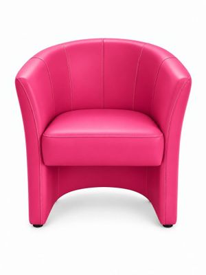 fauteuil baignoire en cuir rose, photographié seul sur fond blanc, avec une zone de découpe pour le texte