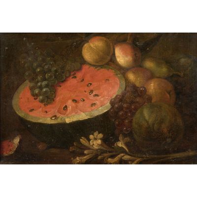 tableau représentant une pastèque, des raisins, des pêches et d'autres fruits posés sur une table